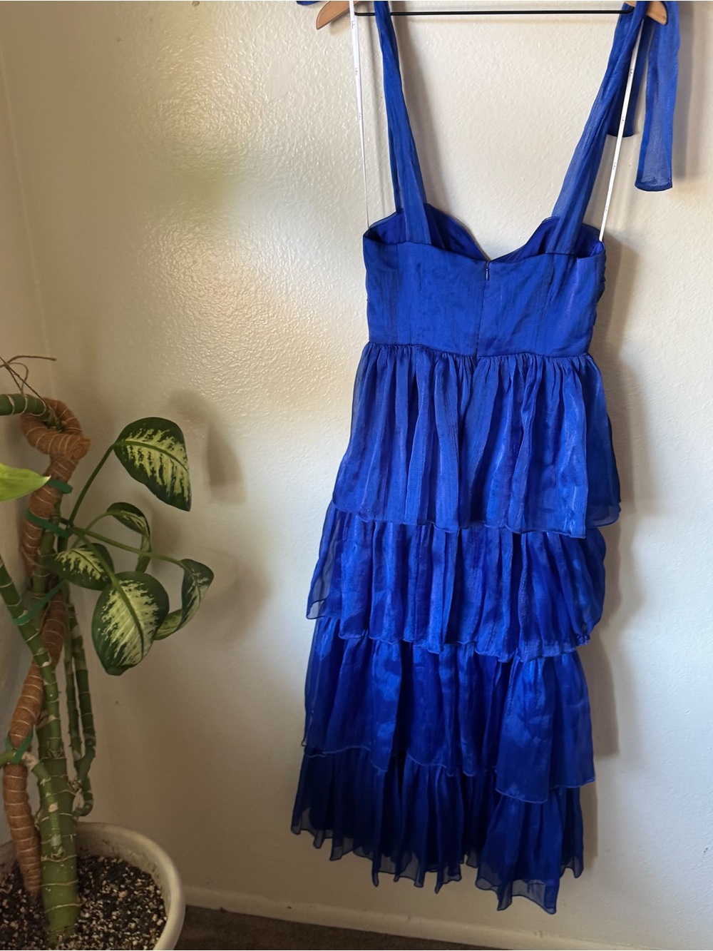 Lulus | Radiant Arrival Shiny Blue Organza Tiered Tie-Strap Maxi Dress - Picture 6 of 7